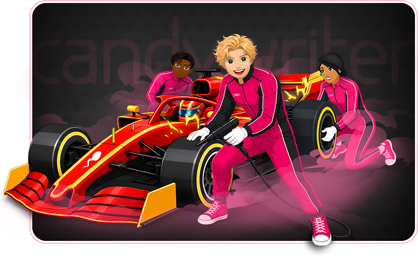 The Candywriter team as a pit crew, with BitLife racing branding